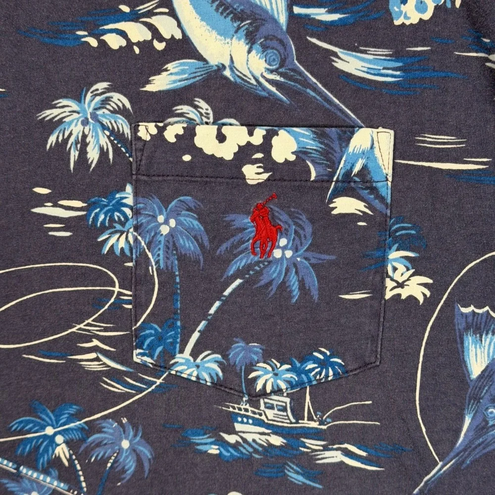 Polo Ralph Lauren T-Shirt Men 3XB Blue Marlin Fishing AOP Cotton Pocket Tee Pony
